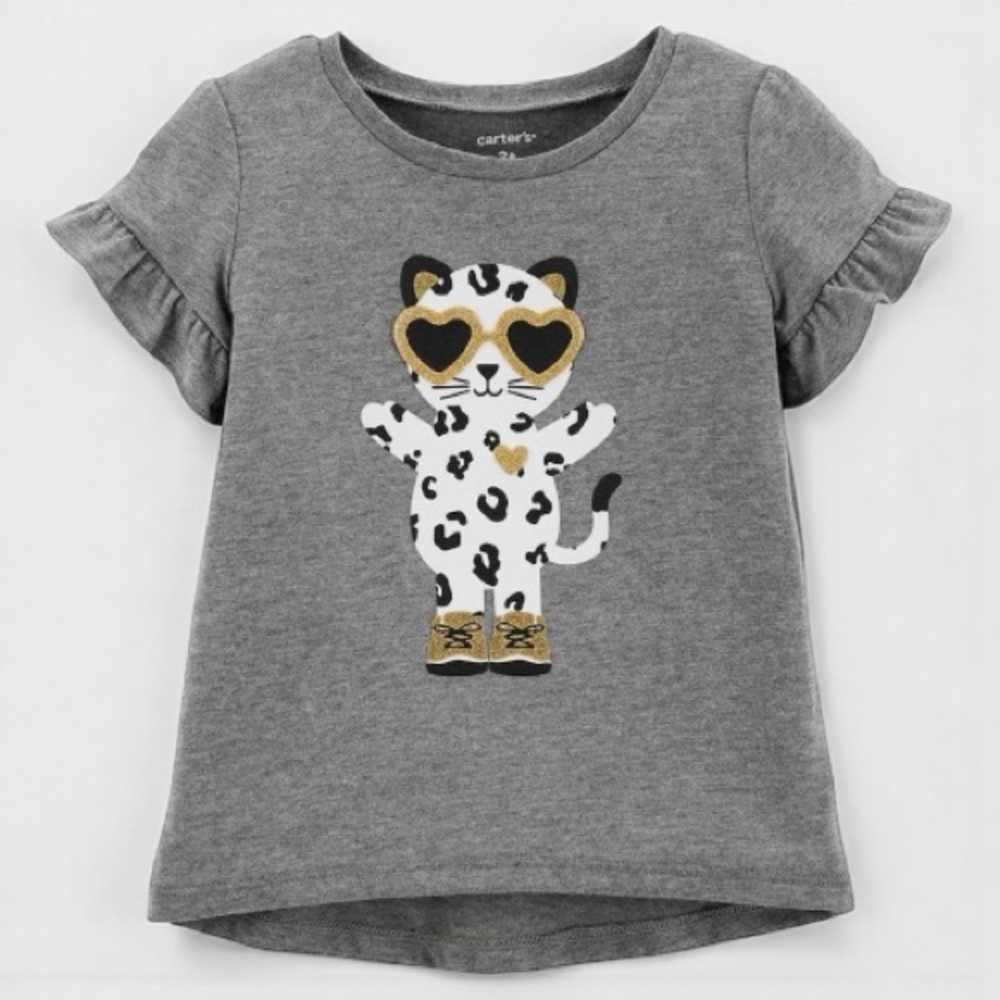 Carter's Gray Ruffle Sleeve Glitter Cat Heart Shades Graphic Top 5T